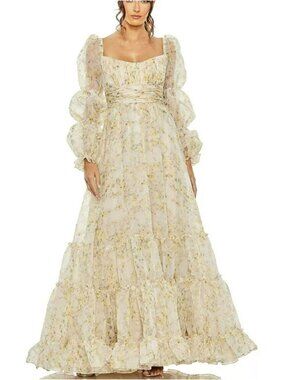 Mac Duggal Floral Yellow Maxi Tiered Dress Formal Gown Size 8 NWT